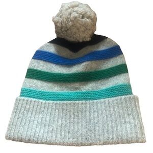 Crewcuts Boys Pom Pom Beanie Hat S~M Gray Stripes Lambswool Blends Stocking Cap